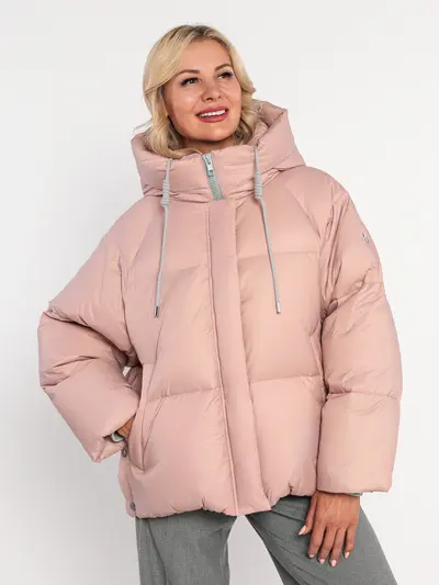 Пуховик стеганый розового цвета на натуральном пуху с капюшоном